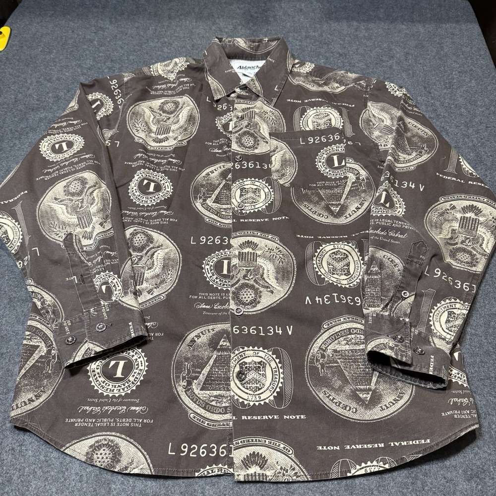 Ablanche New York $100 Bill AOP Longsleeve Button Up Mens L Y2K Retro Preppy Hip